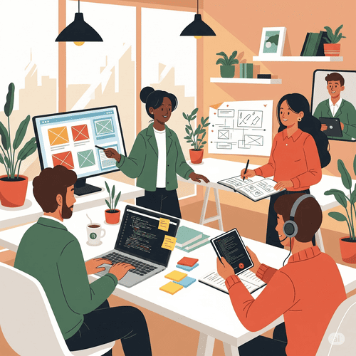Ilustração de uma equipe trabalhando